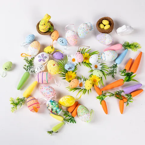 Easter Foam Egg Decoration Set Multicolor Rabbit Simulation Carrot Festive Hanging Ornaments Foam Beads Glitter Party Decor