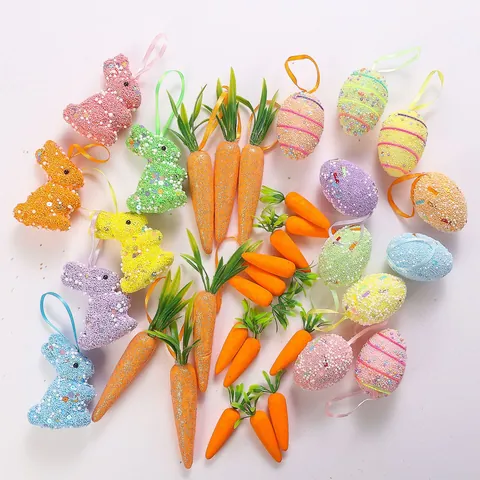 Easter Foam Eggs Rabbits Carrots Decor Colorful Particle Bunny Simulation Vegetable Ornament For Holiday Party Home Layout Accessory
