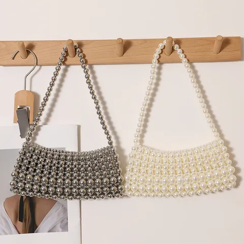 Borsa Sottobraccio con Perline Intrecciate a Mano per Donna Moda Perla Artificiale Perline Metalliche Borsa a Tracolla Traforata Piccola Borsa per Telefono di Design