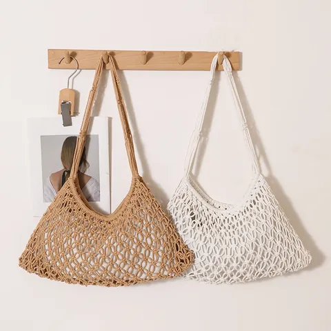 Bolso de Hombro Calado de Mezcla de Poliéster y Algodón Tejido a Mano Bolso de Red Bohemio Casual para Mujer Playa Viaje