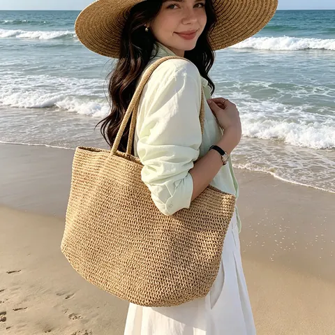 Große Kapazität Raffia Stroh Webstasche Für Damen Sommer Strandurlaub Schultertasche Casual Offene Handgefertigte Handtasche
