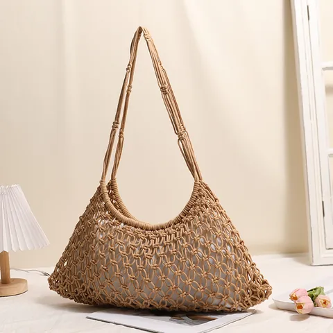 Bolso de Hombro Calado de Mezcla de Poliéster y Algodón Tejido a Mano Bolso de Red Bohemio Casual para Mujer Playa Viaje
