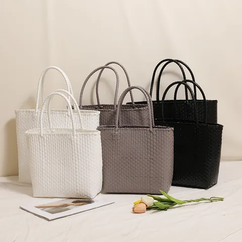 Minimalist PVC Woven Handbag Portable Solid Color Beach Bag Large Capacity Shopping Basket Tote Bag For Women Summer Vacation