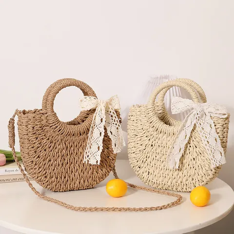 Semi Circle Straw Woven Bag For Women With Lace Bow Decoration Vacation Beach Crossbody Handbag Summer Handwoven Paper Bag