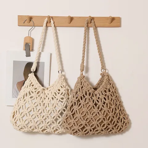 Women Handcrafted Woven Cotton Blend Shoulder Bag Hollow Out Crochet Tote Beach Vacation Summer Casual Handbag