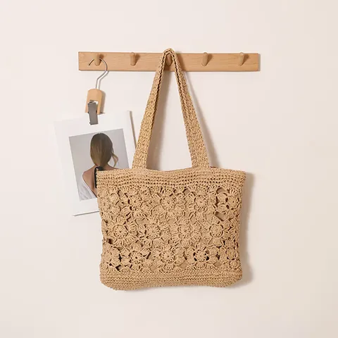 Handgehäkelte Blumen Strohtasche Ausschnitt Gewebte Umhängetasche Strand Urlaub Tote Tasche Damen Sommer Minimalistische Papiertasche