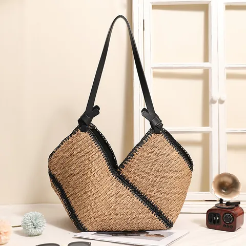French Style Large Capacity Paper Straw Woven Tote Bag With Leather Straps Contrast Black Edge For Women Beach Vacation Summer Shoulder Bag