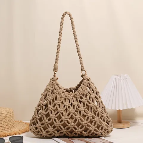 Women Handcrafted Woven Cotton Blend Shoulder Bag Hollow Out Crochet Tote Beach Vacation Summer Casual Handbag