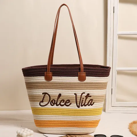 Borsa Tote da Donna Grande Capacità a Strisce Colorate Intrecciata Dolce Vita Ricamo Lettere Corda di Cotone Borsa da Spiaggia