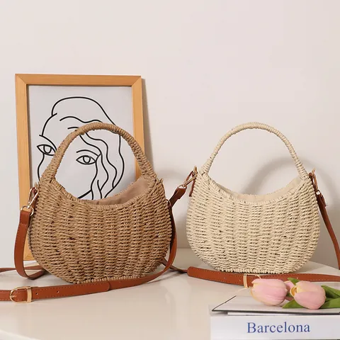 Women Cute Straw Woven Flower Basket Crossbody Bag Handmade Summer Beach Handbag With Adjustable Strap For Vacation Party