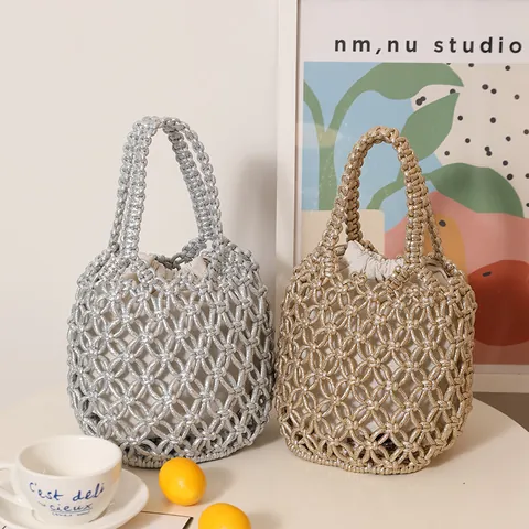 Fashion Metallic PVC Woven Bucket Bag For Women Hollow Mesh Beach Straw Handbag With Drawstring Inner Pouch Seaside Vacation