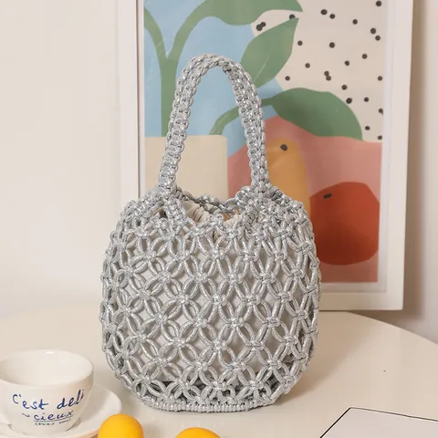 Fashion Metallic PVC Woven Bucket Bag For Women Hollow Mesh Beach Straw Handbag With Drawstring Inner Pouch Seaside Vacation