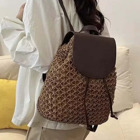Women Korean Style Paper Straw Woven Backpack Hollow Patchwork Drawstring Beach Bag Casual Holiday Shoulder Travel Bag