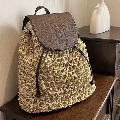 Women Korean Style Paper Straw Woven Backpack Hollow Patchwork Drawstring Beach Bag Casual Holiday Shoulder Travel Bag