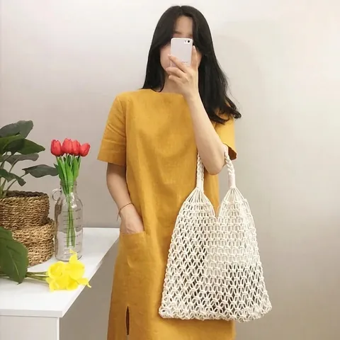 Bolso de Red Tejido de Hilo de Algodón Chic para Mujer Casual Playa Mar Vacaciones Paja Bolso de Hombro Tote Shopping