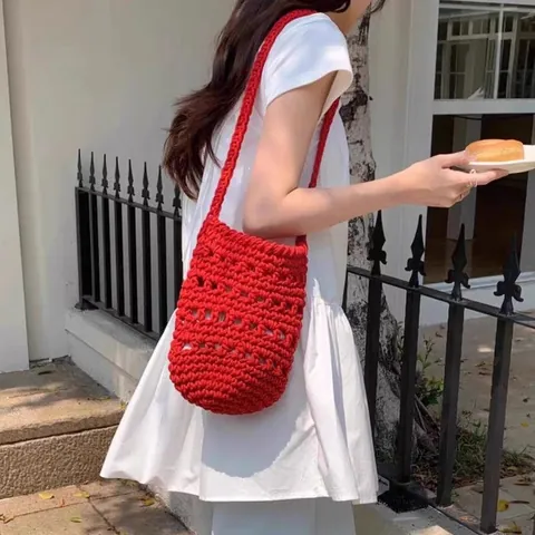 Bolso de Hombro de Hilo de Algodón Tejido a Mano para Mujer Bolso Cubo Calado Simple Bolso de Paja de Vacaciones en la Playa Bohemia