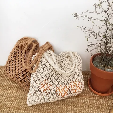 Bolso de Red Tejido de Hilo de Algodón Chic para Mujer Casual Playa Mar Vacaciones Paja Bolso de Hombro Tote Shopping