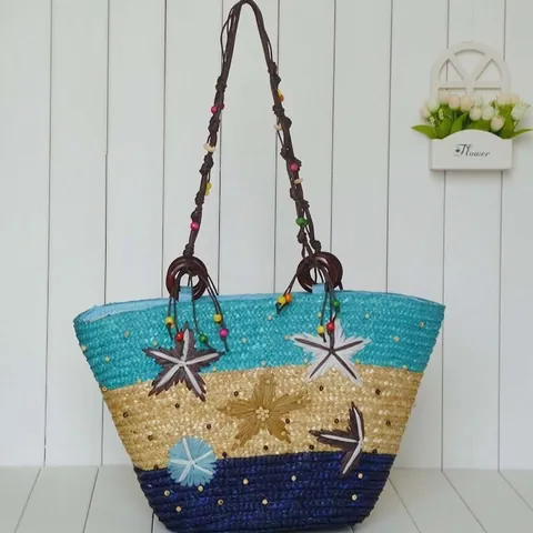 Hand Woven Straw Beach Bag Starfish Pattern Vacation Tote Bag Beaded Rope Handle Zipper Closure Shoulder Bag For Women