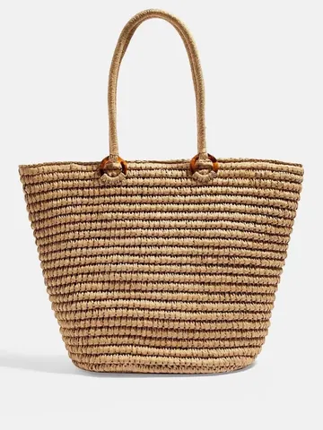 Bolso Tote de Paja Tejida de Gran Capacidad para Mujer Bolso de Playa de Verano Con Anillos de Resina de Ámbar Cremallera Casual