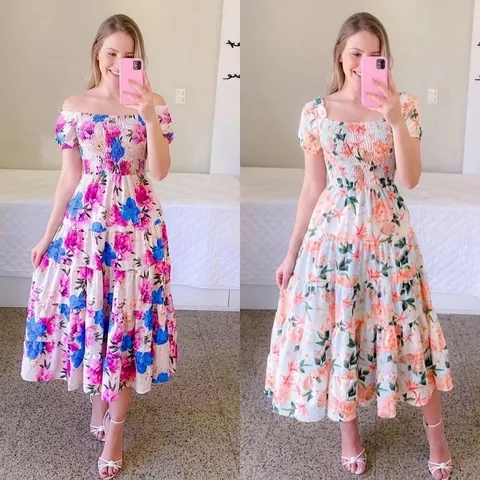Women's French Sweet Floral Printed Off-Shoulder Midi Dress Tiered Cake Skirt Smocked Summer Boho Party Maxi Dress