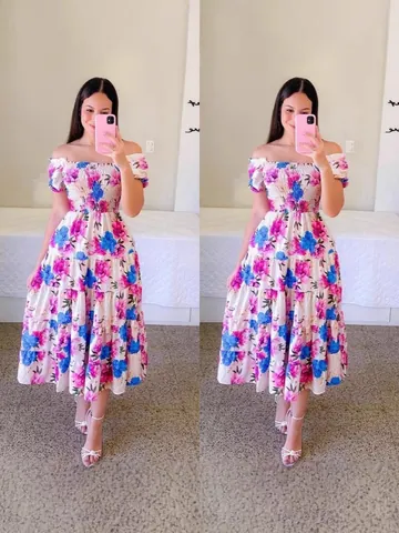 Women's French Sweet Floral Printed Off-Shoulder Midi Dress Tiered Cake Skirt Smocked Summer Boho Party Maxi Dress