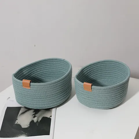 Set of 2 Cotton Rope Woven Baskets for Desktop Organization Nordic Style Storage Bins with Leather Handles Grey Blue Decorative Trays