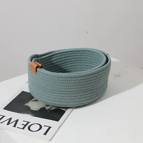 Set of 2 Cotton Rope Woven Baskets for Desktop Organization Nordic Style Storage Bins with Leather Handles Grey Blue Decorative Trays