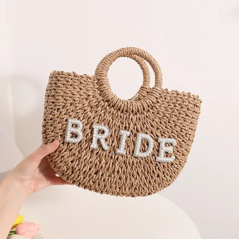 Women Half Moon Woven Bag Artificial Pearl Bride Letter Paper Straw Handbag Summer Beach Vacation Bag For Wedding Party