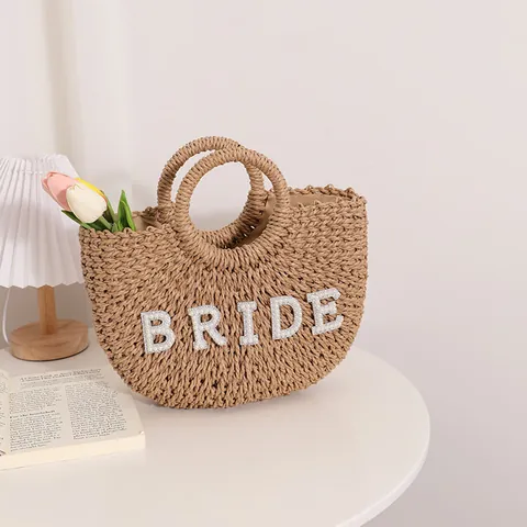 Women Half Moon Woven Bag Artificial Pearl Bride Letter Paper Straw Handbag Summer Beach Vacation Bag For Wedding Party