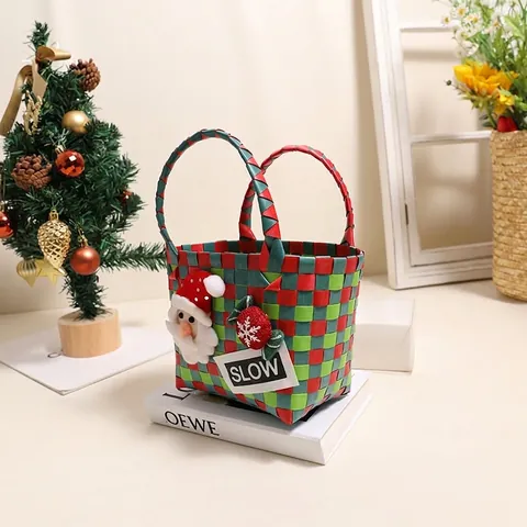 Weihnachten Gewebte Handtasche Weihnachtsmann Muster Kariert Festlich Geschenkkorb Kleine Handtasche Für Party Dekoration