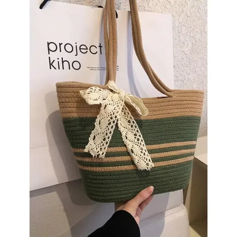 Damen Geflochtene Tote-Tasche Polyester-Baumwolle Gestreifte Strand Schultertasche Mit Spitzenschleife Handgeflochten Urlaubstasche