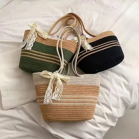 Damen Geflochtene Tote-Tasche Polyester-Baumwolle Gestreifte Strand Schultertasche Mit Spitzenschleife Handgeflochten Urlaubstasche