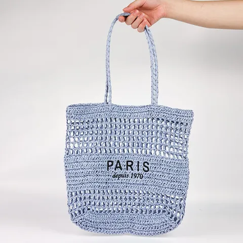 Damen Große Kapazität Hohl Papier Stroh Gewebt Tragetasche Paris Buchstaben Stickerei Strand Umhängetasche Sommer Urlaub Handtasche