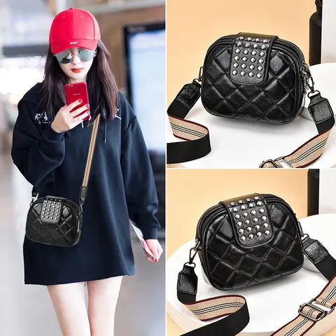 Women Rivet Quilted Round Crossbody Bag With Wide Stripe Strap PU Leather Fashion Shoulder Bag Small Elegant Handbag
