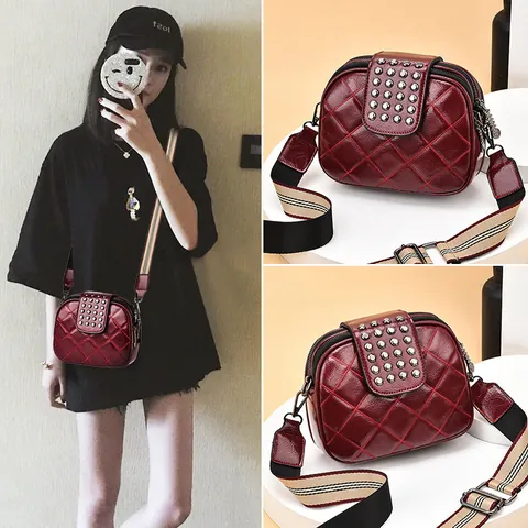 Women Rivet Quilted Round Crossbody Bag With Wide Stripe Strap PU Leather Fashion Shoulder Bag Small Elegant Handbag