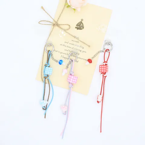Handmade Braided Wax Cord Phone Charm String Checkered Resin Bead Mushroom Heart Pendant Keychain Bag Hanging Accessory Sweet Style