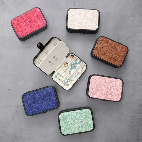 Western Vintage PU Leather Jewelry Box Travel Organizer With Floral Embossing Leopard Cow Print Portable Jewelry Case