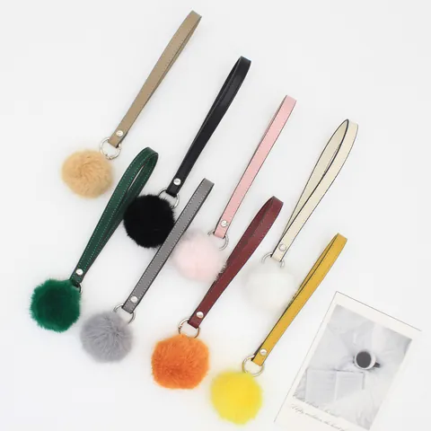 Fashion PU Leather Pom Pom Keychain Phone Lanyard Wrist Strap Pom-pom Bag Charm For Women Fall Winter Phone Accessories