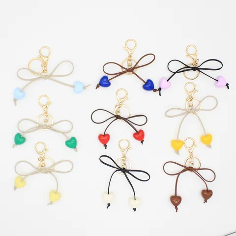 Cute Macaron Heart Bow Keychain Pendant Exquisite Simple Bowknot Bag Charm Car Key Ring For Women Girls Gift