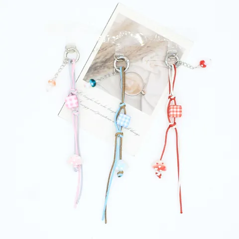 Handmade Braided Wax Cord Phone Charm String Checkered Resin Bead Mushroom Heart Pendant Keychain Bag Hanging Accessory Sweet Style