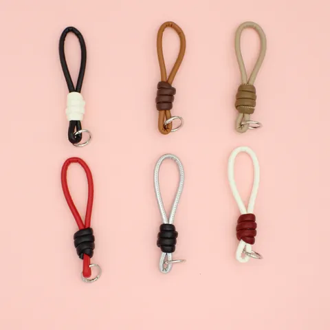 Minimalist Braided PU Leather Keychain Wristlet Strap for Bag DIY High-End Knot Pendant Key Ring Charm with Metal Loop