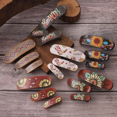 Retro Western Cowboy Synthetic Leather Hair Clip Collection Sunflower Bull Head Pattern Vintage Hair Accessories For Women