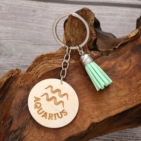 Portachiavi Tondo in Legno Stile Rustico Costellazione Inciso al Laser Motivo Lettere Nappina Verde Menta Regalo per Amici Donne Uomini