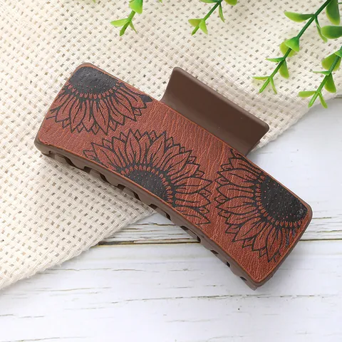 Vintage Western Style PU Leather Sunflower Rose Pattern Hair Claw Large Shark Clip Minimalist Embossed Hair Accessory For Women
