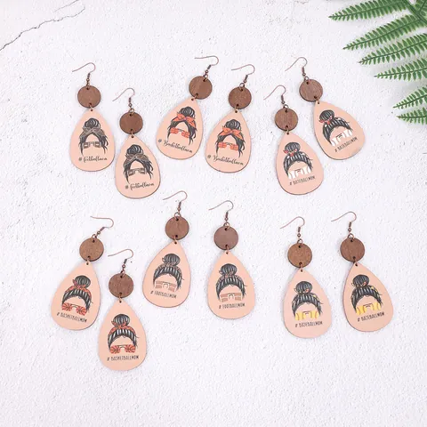 Kreative Holz Wassertropfen Ohrringe Damen Messy Bun Porträt Druck Fußball Basketball Baseball Mom Sport Thema Hängeohrringe Legierung Haken Modeschmuck
