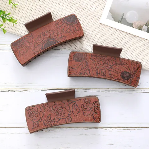 Vintage Western Style PU Leather Sunflower Rose Pattern Hair Claw Large Shark Clip Minimalist Embossed Hair Accessory For Women