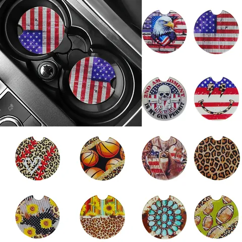 2 Piece Set Western Sporty Acrylic Car Coaster American Flag Leopard Print Coaster For Cup Holder Automotive Accessories