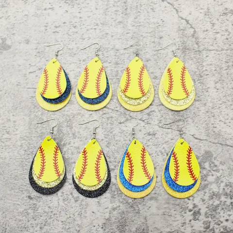 Boucles d'oreilles en Similicuir à Couture de Baseball Créatives Sportives en Goutte d'eau Rondes en Cuir PU Bijoux Femme Cadeau