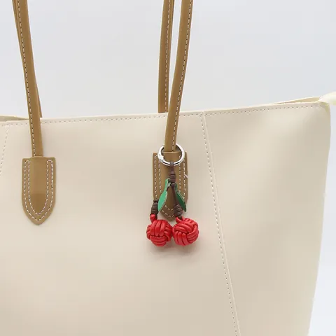 Handmade PU Leather Woven Cherry Keychain Bag Charm Cute Fruit Pendant Accessory For Women Girls Tote Bag Decor