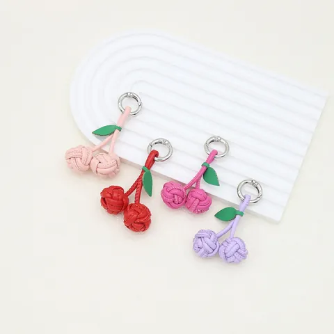 Handmade PU Leather Woven Cherry Keychain Bag Charm Cute Fruit Pendant Accessory For Women Girls Tote Bag Decor